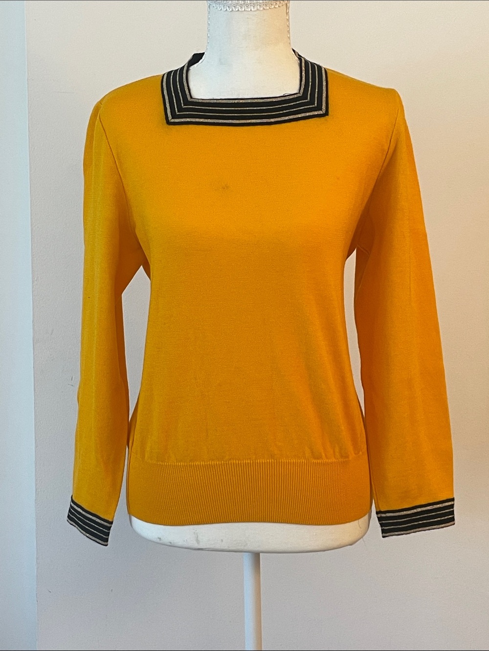 Vintage Yves Saint Laurent Mustard Yellow Sweater Square Neck Knit Top Black Tri - Picture 8 of 10